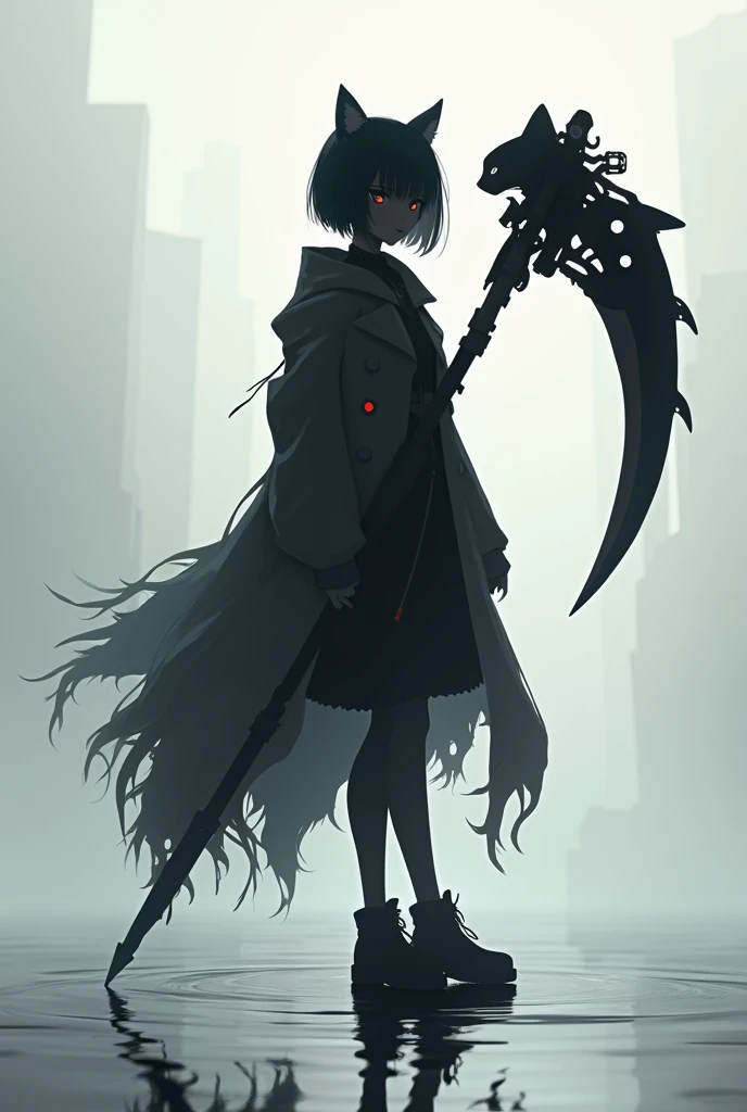   detailed silhouette of a cyberpunk girl with cat ears and tail,  bob cut hair , Flowing, Tattered Coat,  He has a giant scythe with a mechanical cat design.., Stand on the glossy,  Minimalist reflective surface in hand  , Soft Gray Background.