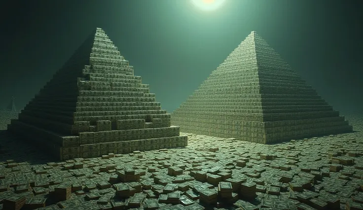 Create an infinite image of two money pyramids with a dark tone and a faint bright light above them 