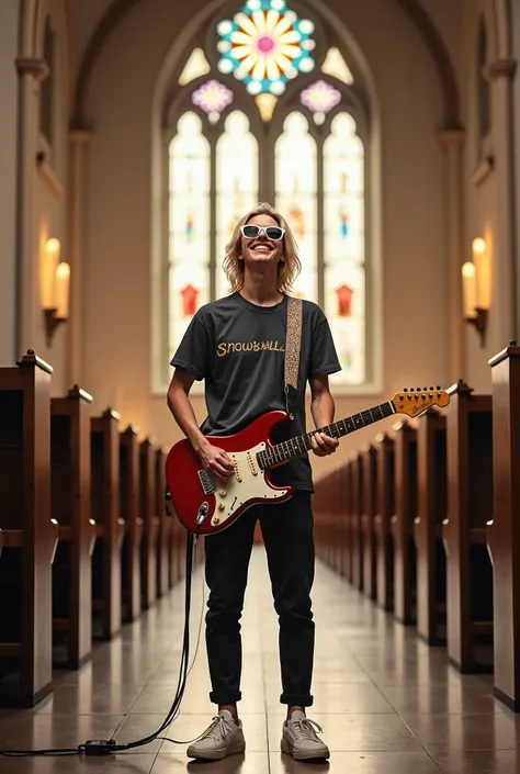 Photo of a skinny guitarist smiling in the church very large and wearing Jean-Claude pants and a t-shirt written snowball and his blond hair and wearing white Nike glasses and sneakers and the guitar connected to a remafi pedalboard and a guitar cube whose...