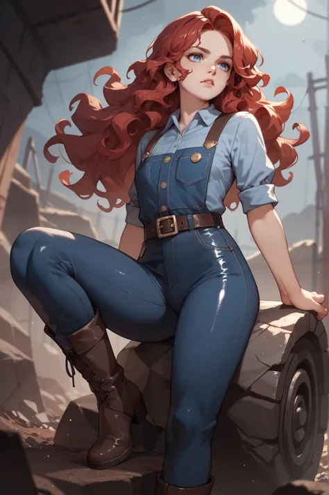  fae with long wavy red hair and blue eyes, intense eyes, mischievous look, miner, large rock, shiny blue ore, moonlight, corseted belt,  fully clothed, tight pants, boots, thick build,