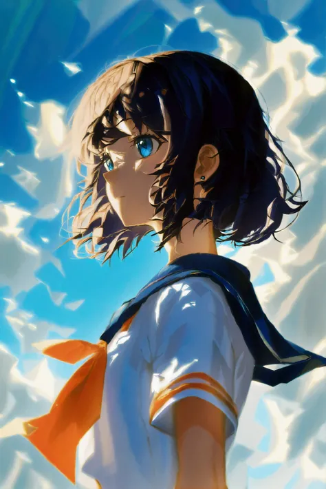 A captivating anime artwork of a girl with a gentle hairstyle and piercing blue eyes that convey her emotions. Her attire is a quintessential Japanese school uniform, highlighted by a blue sailor top and a vibrant orange necktie. The setting features a bri...