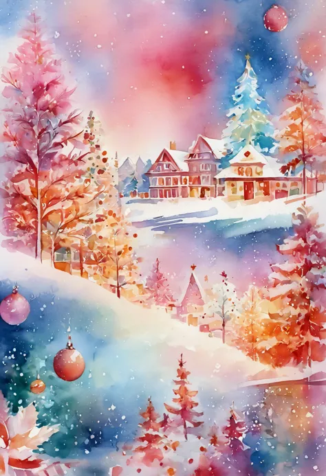  Watercolor Style , postcard art,   Christmas background images with lots of Christmas details,  Detailed Christmas Decorations  ,  Light Greenish Blue Gradient Background ,  White Pink and Light Red Orange , " Merry Christmas ",  the background is blurry,...