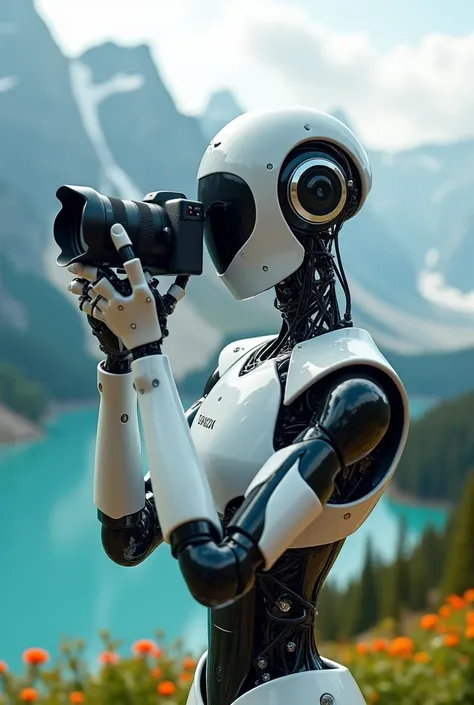 Create a cover of AI and Video media with a robot holding a camera. The background is a beautiful scene with a distracting effect.