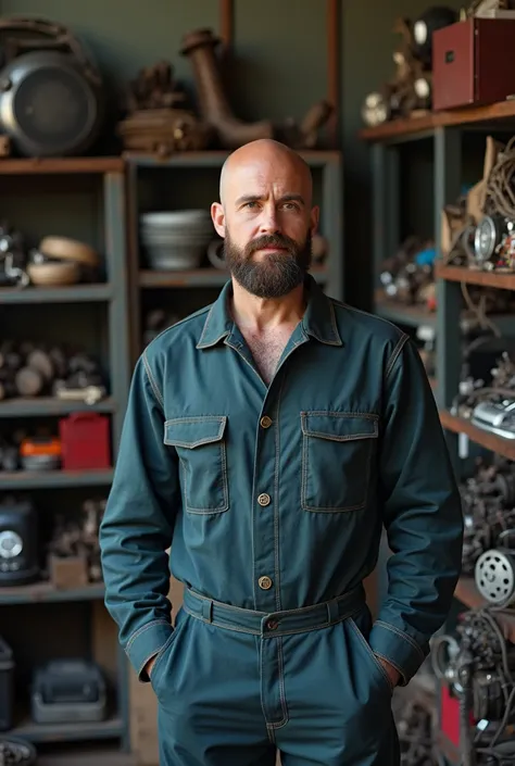  A room full of car parts .A bald and bearded man wearing a jumpsuit ,  a short man with short dark brown hair and a thin beard,  a white woman with short black hair and round glasses  ,  a woman with curly brown thin and white hair  