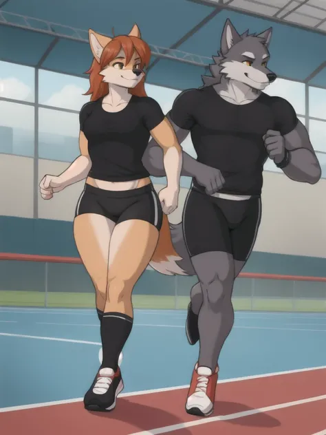 Furry, wolf, female, male, couple, black shirt, black spandex bike shorts, shoes, indoor running track, teen, competitor, full body