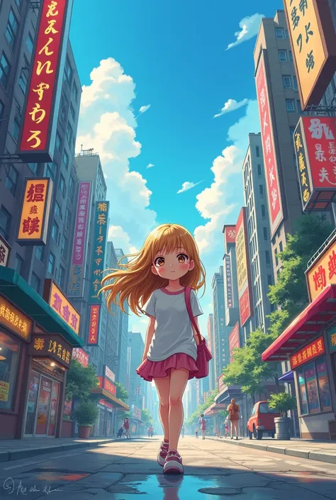 A 15-year-old girl with golden hair, brown eyes, wearing a white shirt, walking in the city. Anime style picture