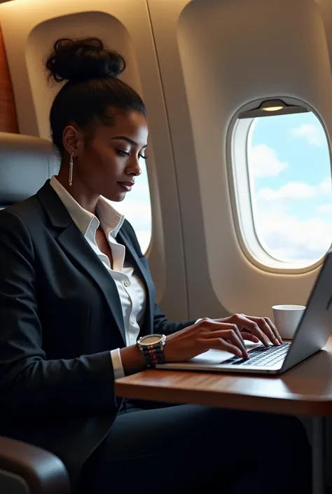 Generate an image of a black skin techie lady travelling first class in an airplane. Make her appear busy on her MacBook laptop 