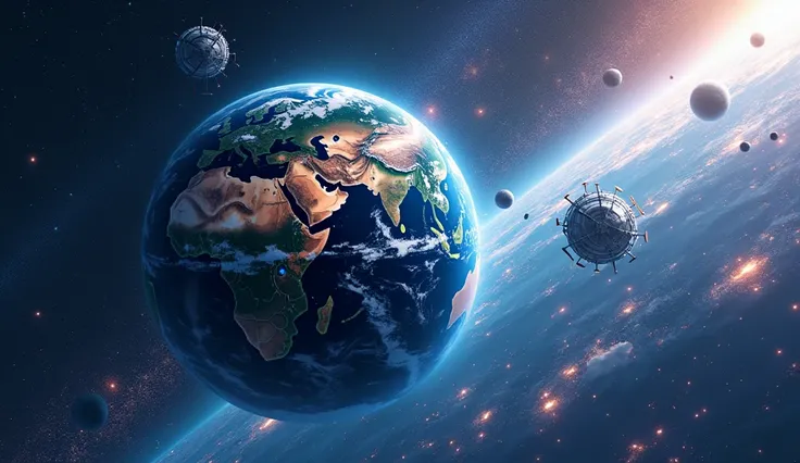 MAKE AN ANIME IMAGE OF PLANET EARTH WITH LOTS OF DETAILS ,  AND BEHIND THE EARTH THERE MUST BE MANY STARS AND AROUND PLANET EARTH THERE MUST BE MANY FUTURISTIC SATELLITES