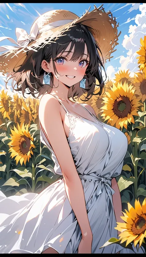 ( beautiful girl : 1.3), 1 girl,Distant view of a girl ,( white dress, Straw Hat , earrings for women with first name,Pure white underwear,pubic hair), black hair, bob cut,smile,blush,Embarrassed, dynamic angle ,Strong winds, The skirt flips up in the wind...