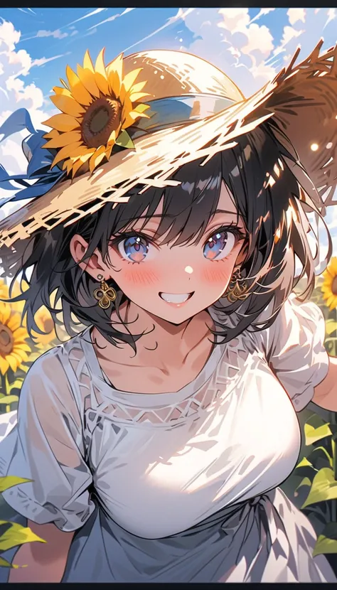 ( beautiful girl : 1.3), 1 girl,Distant view of a girl ,( white dress, Straw Hat , earrings for women with first name,Pure white underwear,pubic hair), black hair, bob cut,smile,blush,Embarrassed, dynamic angle ,Strong winds, The skirt flips up in the wind...