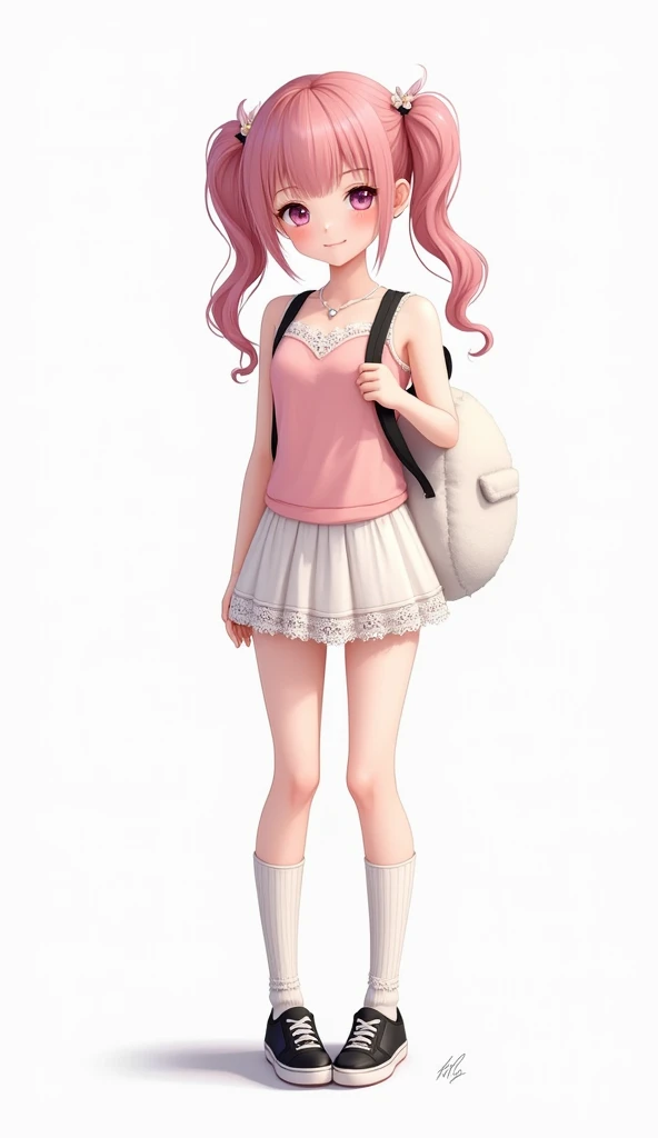  Animated adolescent woman with hair with two long and loose pigtails in shades of pink wears a short pastel pink top with an elegant and feminine design. It has thin straps and a white lace trim on the upper part that adds a romantic touch .  In the cente...