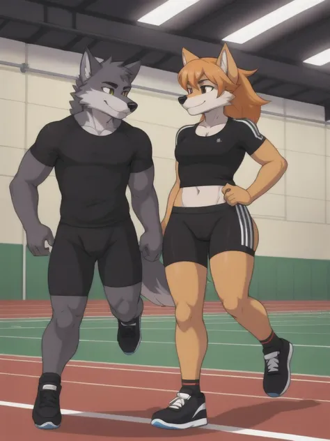 Furry, wolf, female, male, couple, black shirt, black spandex bike shorts, shoes, indoor running track, teen, competitor, full body