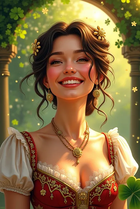  A dazzling woman in comic book style ,  with delicate features and radiant expression .  She is wearing period clothes rich in details ,  with embroideries and sophisticated fabrics that refer to the charm of the past .  Your smile transmits happiness and...