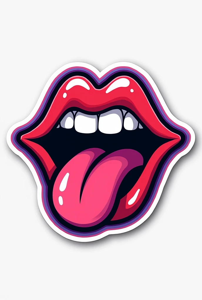 Create a sticker style logo with 80s style artwork of a mouth sticking out its tongue