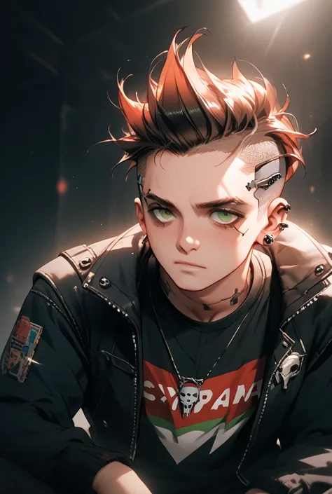 A young italian man fresh style, with fade hairstyle, a longer hair on top. Extravaganza. Hes a mix of punk, EMO and cyberpunk. Hes in a super modern room with cyberpunk things. 