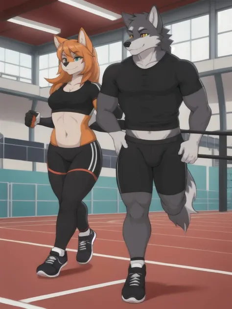 Furry, wolf, female, male, couple, black shirt, black spandex bike shorts, shoes, indoor running track, teen, competitor, full body