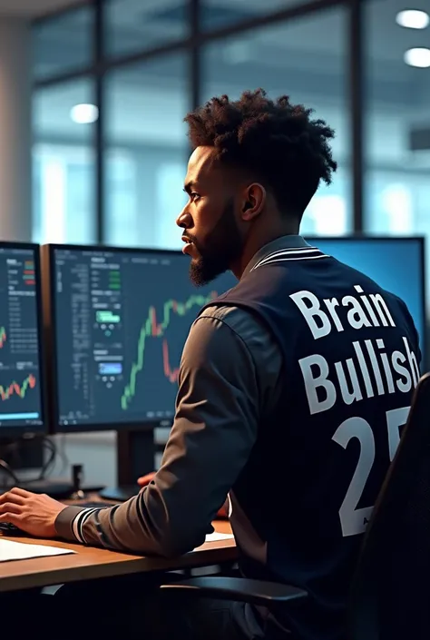 Un trader noir assis derrière son computer avec un maillot qui marque Brain Bullish dans son dos 