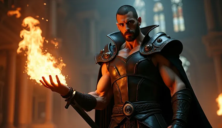  A hyper-realistic image of a 35-year-old male vampire ,  with a muscular body , pale skin,  some chest hair , key beard,  shaved black hair and penetrating black eyes . He exudes power and strength , holding a sword in one hand,  as fiery flames emanate f...