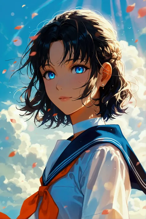 A breathtaking anime illustration featuring a girl with a laid-back hairstyle and vivid blue eyes that exude emotion. She wears a classic Japanese school uniform, consisting of a blue sailor top accented by an orange necktie. The backdrop showcases a radia...