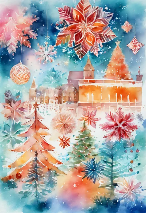  Watercolor Style , postcard art,   christmas tree,  Christmas background images with lots of Christmas details,  Detailed Christmas Decorations  ,  Light Greenish Blue Gradient Background ,  White Pink and Light Red Orange , " Merry Christmas ",  the back...