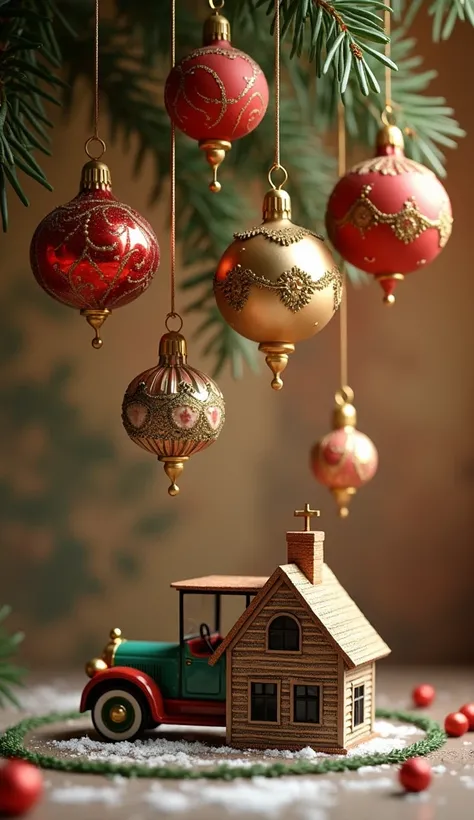  Christmas ornaments hang from above、 beautiful、beautiful、 mini car and cute miniature house underneath it 、 real、Antique toy 