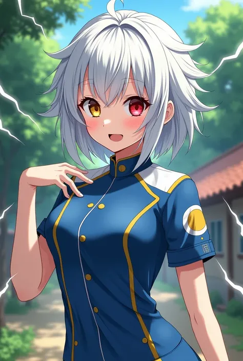 Female body of a 16-year-old boy Background house anime style MY ACADEMIC HERO fondo detras un bosque lejano lleva puesto un uniforme azul con rallas blancas en los hombros manga corta pantalos azul claro con rallas alos lados de color blanco white hair wi...