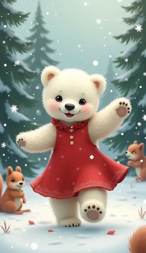  A beautiful little polar white baby bear in a red mothers dress , Dancing in the snow,  in the background has several pine trees ,  squirrels hidden behind the trees , a magical environment  