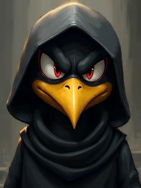 Anthropomorphic crow head mobian hooded black scarf arrogant smile yellow beak red eyes Sonic mobian style in dark shaded sketch 