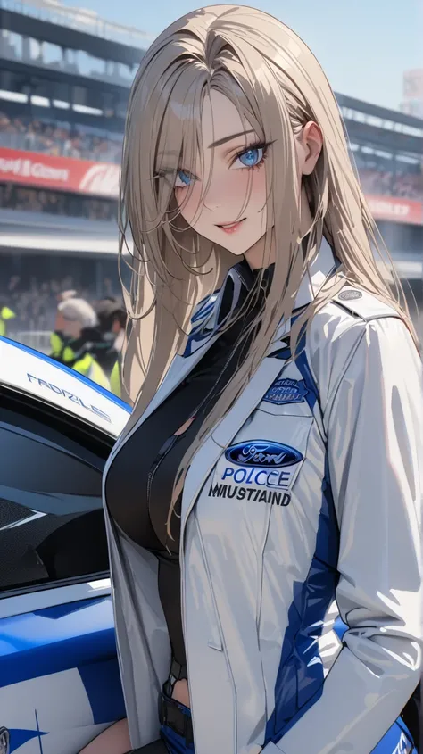 masterpiece , modern, Verism, masterpiece, super detail, best quality, 4K ,((Adult face)), woman,Wearing a white coat,Mature woman アメスク Rubia ojos azules 
Cabello azul, Plano americano, Cabello largo, Senos grandes, Ojos azules,race_queen Sexy Ford mustang...