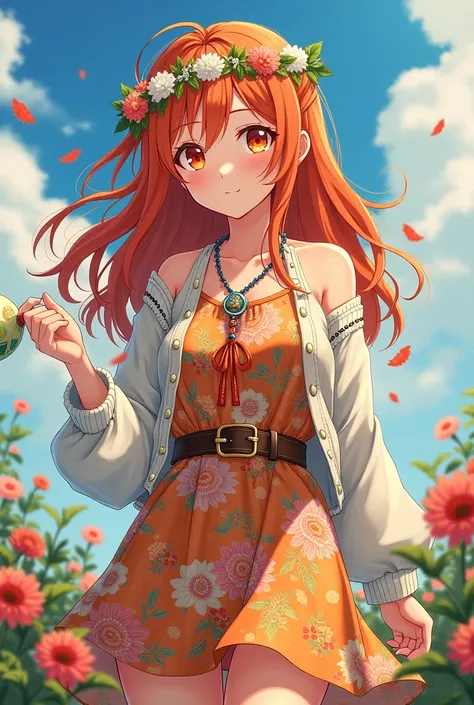 Anime Asuna Yuuki with orange hair and orange eyes she wears a hippie dress with belt and white knit jacket she has a hippie flower band on her forehead she throws people off with flowers