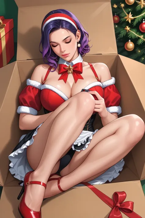 Imagine a beautiful adult european woman with short purple hair, Beautiful and realistic face, white skin, in mesh maid outfit, in heels, eyes closed, that is covered and envolved in plastic and gift christmas ribbons on her body and breast, sitting inside...