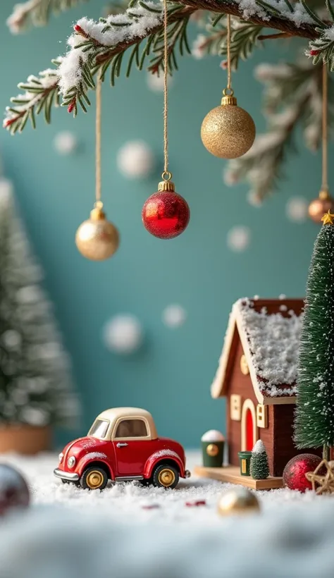  Christmas ornaments hang from above、 beautiful、beautiful、 mini car and cute miniature house underneath it 、 real、Antique toy ，小さなクリスマスツリー