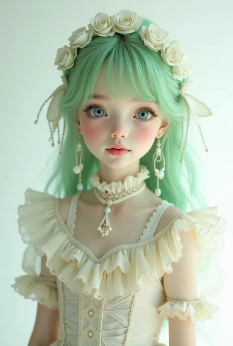 Super delicate cute girl in a lolita dress and green hair. 8K ultra high image quality, delicate texture, pure white background.
