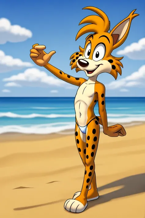 Lynx cartoon guy full length slim skinny in red speedo on the beach with a happy face striped tail