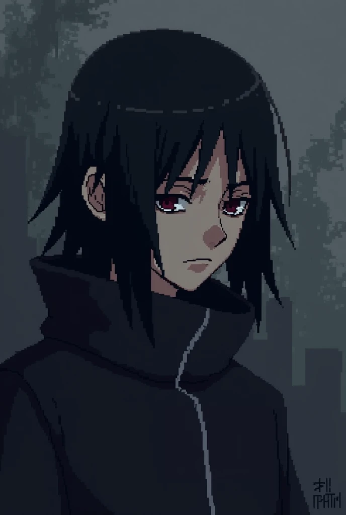 Artificial intelligence I want you to make the pixel art image of the anime character Itachi Uchiha the saddest and most melancholic