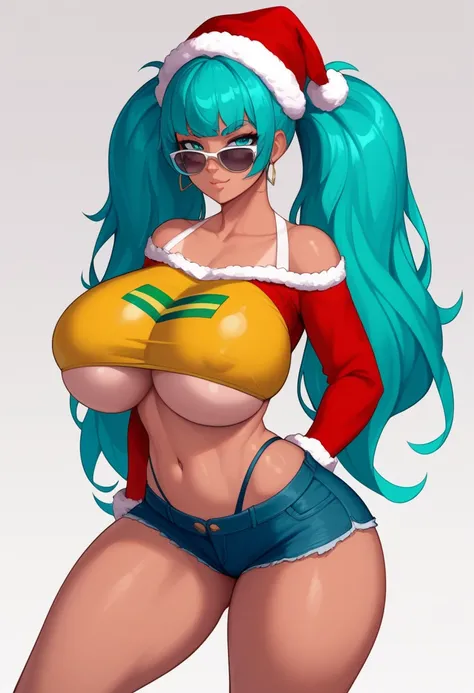 Super huge big breasts breast enlargement full-body shot, BM, long hair, twintails hair, teal colored hair, large expressive eyes, teal eyes, wearing a yellow off-shoulder crop top with the Brazilian flag printed on it, blue denim short shorts with a fraye...