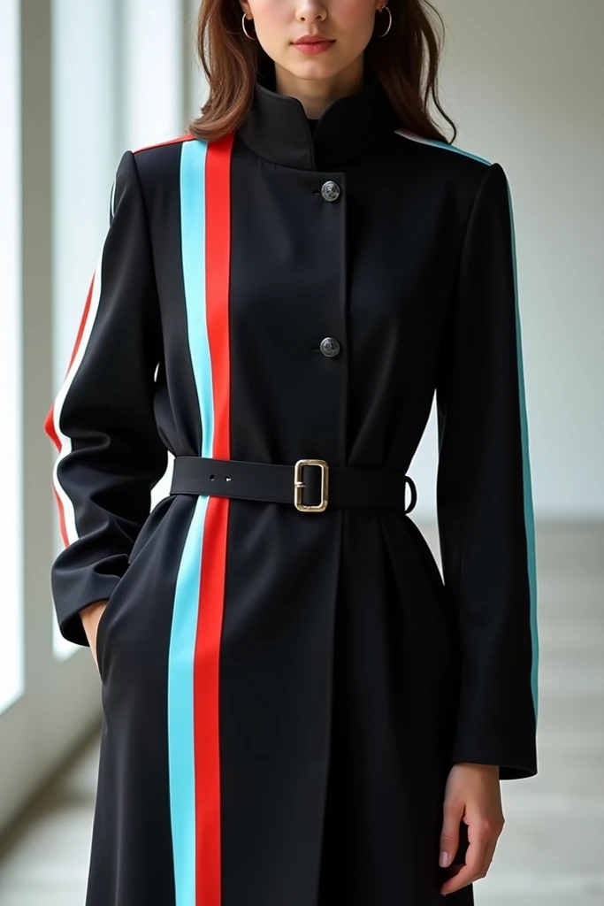 Show me a full black jacket with white, red and light blue stripes.