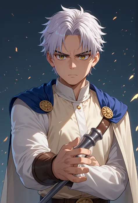 score_9, score_8_up, score_7_up,  1boy, warrior, Masculine, Young, 28 years old,  face lisa ,  Wear a gray cover  ,  short white hair ,   with a nodachi in hand  ,   dynamic front view, Godslayer ,