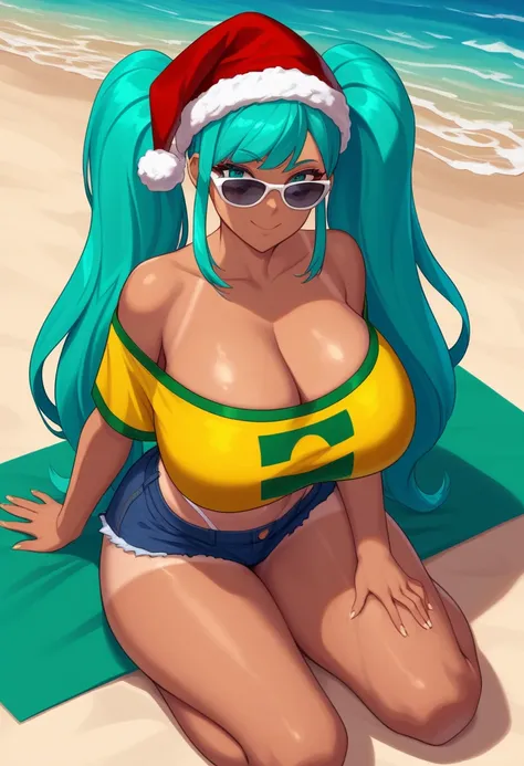 Super huge big breasts breast enlargement full-body shot, BM, long hair, twintails hair, teal colored hair, large expressive eyes, teal eyes, wearing a yellow off-shoulder crop top with the Brazilian flag printed on it, blue denim short shorts with a fraye...