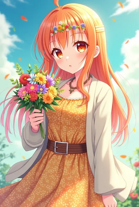 Anime Asuna Yuuki with orange hair and eyes .  She is wearing a hippie dress with belt and a white cardigan .  She has a hippie flower band on her forehead she gives people a bouquet of flowers