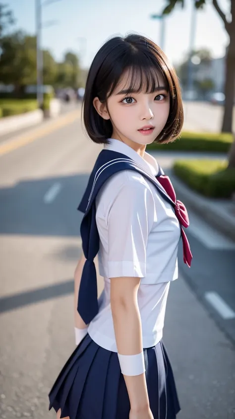 sexy sailor school uniform,A very young beautiful girl,Very slim body, short hair ,Correct human body, detailed eyes, detailed face , very beautiful face, very cute face, sexy lips, beautiful skin, evenly balanced eyes,Droopy eyes, Very Embarrassing Face ,...