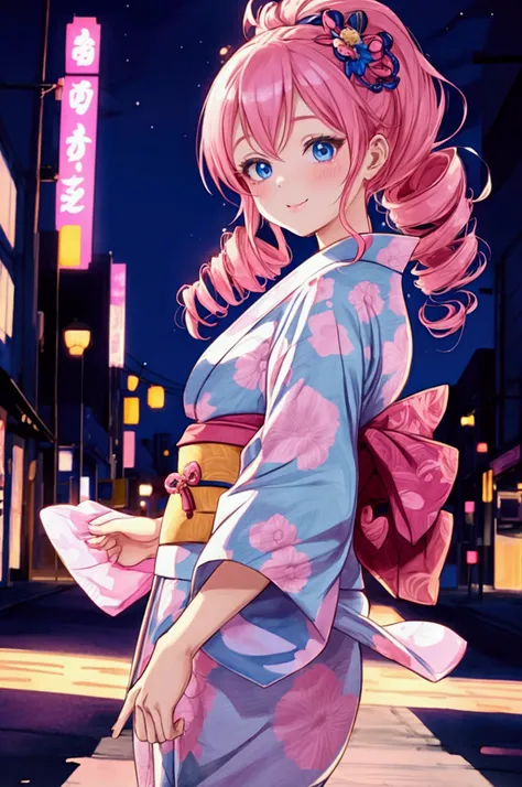  of a girl in a yukata happily walking around the city at night on a date、80s city pop style image 、 Pink Haired Girl、 blue eyes、 twin drill