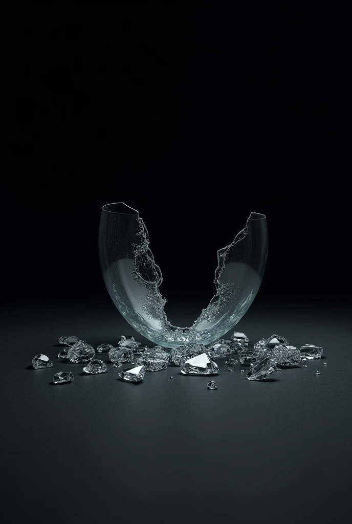 Create an image of a broken glass in half with a black background