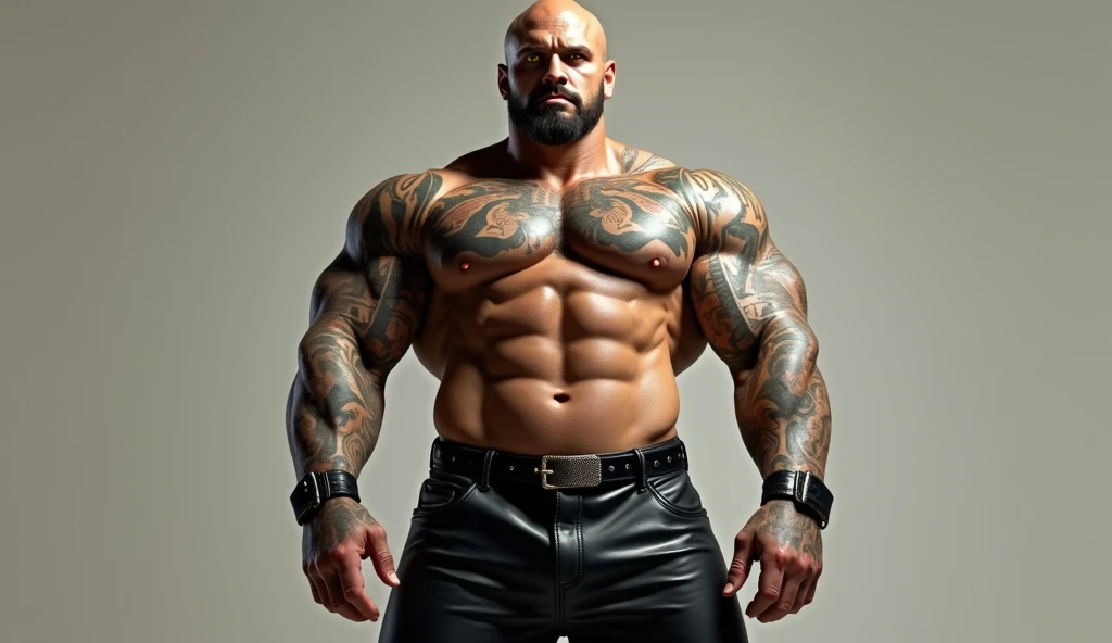 Give me a prompt in English to generate the realistic image of a 30-year-old man 1,90 tall and very muscular , bald, light brown, Very masculine face,  yellow eyes ,  has a tattoo on the chest and arms , wearing rock clothes,  black leather pants ,  black ...