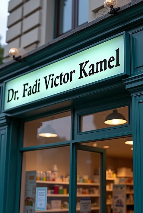 Designing a realistic pharmacy sign with the name of Dr. Fadi Victor Kamel