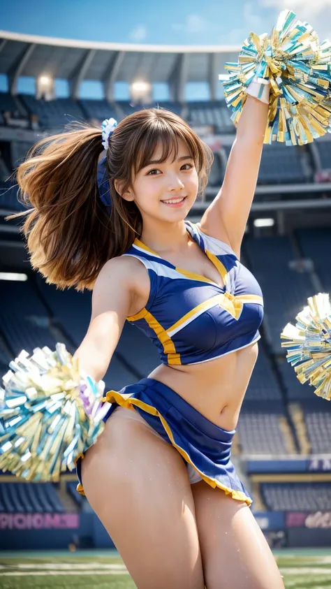 masterpiece,Highest quality,Very detailed,High resolution,(Realistic,photoRealistic:1.37),Excellent anatomy,One beautiful woman,18-year-old,height:152 cm,Blue Cheerleader,(Holding big pom-poms in both hands:1.5),Big smile,cheer leading,Cheerleader uniform,...