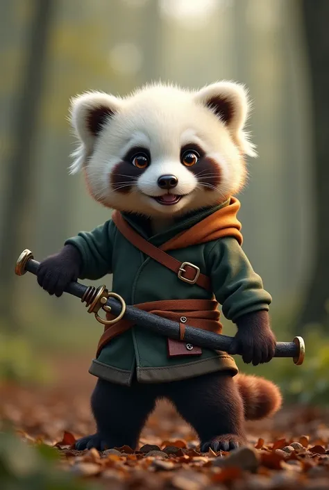 Realistic cinematic image of a baby panda with a cute little face, smiling, anthropomorphic, dressed as a swordsman and holding a sword, in a fantasy style. Background shows forest floor, UHD, 4K. Part 1 of the series: Creating animated content with AI