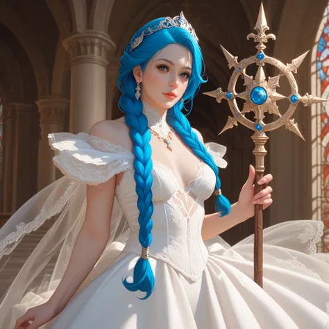 1mature girl, braided blue hair, wearing a white lace dress, holding 1 magic staff, small breasts, fantasy, palace