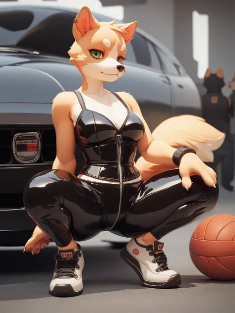 vehicle dog girl , (Rubber , sports short pants , Bustier) , Alluring , drag Race , (spread legs:0.7) , hide crotch by hand