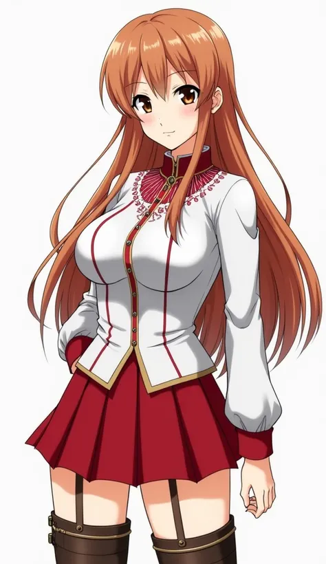 Asuna Yuuki wearing her usual white and red combat clothing and skirt, with big bust